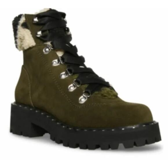 NEW Steve Madden Boots Receptive Ankle Olive Suede Leather Camo Sherpa Trim 7.5 - Picture 1 of 4